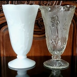 Vntg "Iris Milk Glass" 9" + Free 9" Clear Iris Vase by Jeannette